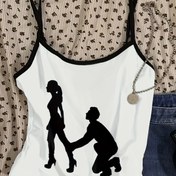 Resim Y2K Estetiği Kontrast Renkli Crop Tank Top - Siyah & Beyaz Siluet Baskı, İnce Askılı, Orta Esneklikte, Makinede Yıkanabilir Yazlık Kadın Günlük Giyim, Şık Bluz, Retro Tarz, Rahat Kesim, Trend Takipçileri İçin, Mevsimsel Gardırop, Dayanıklı Yapım 