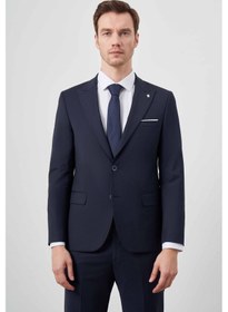 Resim Morven Erkek Lacivert Yünlü Platinium Düz Desen Slim Fit Sivri Yaka Takım Elbise Lacivert 