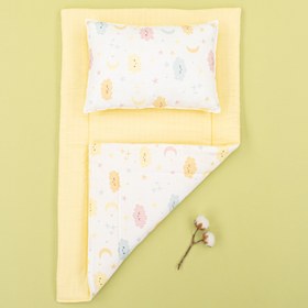 Resim Alt Açma Matı ve Yastık - Çift Taraflı - Sarı Muslin - Sarı Bulut 