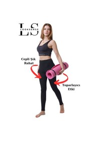 Resim Looksense Kadın Siyah Yüksek Bel Çift Cepli Toparlayıcı Fitness Spor Tayt 1005 001 