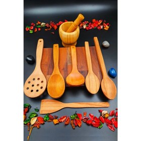 Resim El Işçiliği 8'li Doğal Ahşap Mutfak Seti, Servis ve Pişirme Araçları 