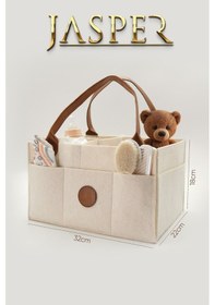 Resim Jasper Taba Deri Kulplu Kapaklı Bej Keçe Anne Bebek Bakım Çantası Bej 