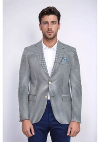 Resim Lacivert Kazayağı Desenli Gold Renk Metal Düğmeli Slim Fit Erkek Blazer Ceket - Wessi Navy Blue 