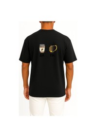 Resim Bahriyeli Collection Oversize Sabah Kahve Akşam Beer Göğüs Ve Sırt Tasarımlı Unisex T-shirt Siyah 