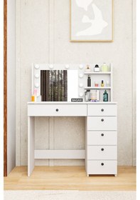 Resim Led Spotlu, Aydınlatmalı Aynalı Dolaplı Makyaj Masası, Çok Çekmeceli & Raflı, Depolama Alanlı Beyaz 