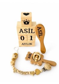 Resim Kişiye Özel İsimli-emzik Zinciri Emzik Askısı-bebek Çıngırak-bebek Saç Fırçası Keçi Kılı-bebek Anı Küpü Tekstil Boyalı-setimmiz Full Ahşap Set Olup %100 Doğal Organik Ahşaptır-bebek-hediyelik- 