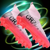 Resim Erkek Yüksek Toplu Turf Futbol Kramponları - Hafif Nefes Alabilen Antrenman Ayakkabıları, Anti-Slip TPU Dişli ile, Dış Mekan Futbolu, Spor ve Günlük Giyim için Canlı Pembe ve Siyah Çizgili Tasarım, Futbol Ayakkabıları, Kumaş Kaplı İç Mekan 