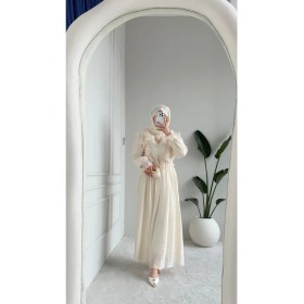 Resim Esra Butik Açık Sarı Fırfır Detaylı Kuşaklı Astarlı Tensel Tesettür Elbise 