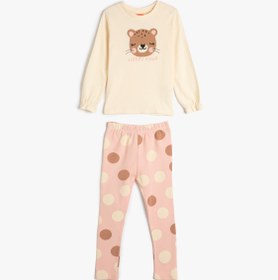 Resim Kız Bebek Pamuklu Pijama Takımı Kaplan Baskılı Uzun Kollu Tişört ve Beli Lastikli Pijama Altı 2 Parça 