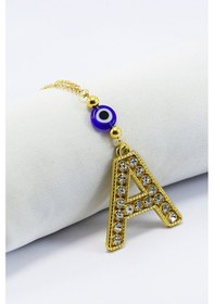 Resim Gold Renkli Parlak Taşlı Yassı Cam Nazar Boncuklu A Harfi Araba D 