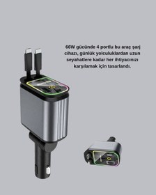 Resim Araç Şarj Cihazı 4 Portlu 66w Hızlı Şarjlı Led Işıklı Ve Semeglbl - 32 180 Dönebilir 