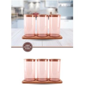 Resim Ahşap Kapaklı 3'lü Standlı Ve Vakumlu Çay, Kahve, Şeker, Bakliyat Kavanoz Seti Mika 1 Lt Pembe 