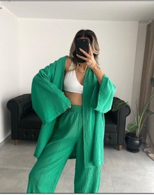 Resim Genel Markalar Gofre Kumaş Kadın Kimono Takım - Yeşil 