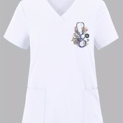 Resim Kadınlar için Şık Çiçek Desenli Stetoskop Baskılı V Yaka Ameliyat Forması, Orta Esnekliğe Sahip Polyester Örme Kumaş, Cepli Kısa Kollu Hemşire Üniforması, Tüm Sezonlar İçin Bol Kesimli Kazaklar 