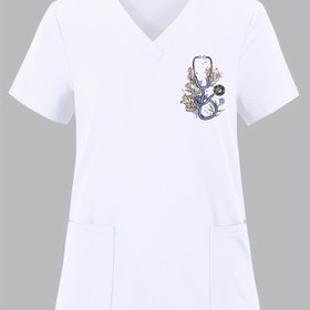 Resim Kadınlar için Şık Çiçek Desenli Stetoskop Baskılı V Yaka Ameliyat Forması, Orta Esnekliğe Sahip Polyester Örme Kumaş, Cepli Kısa Kollu Hemşire Üniforması, Tüm Sezonlar İçin Bol Kesimli Kazaklar 