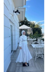 Resim KADNER Lia Beyaz Önü Büzgülü Şanel Saten Kumaş Lüks Tesettür Abiye Elbise 