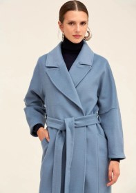 Resim Hatemoğlu Saykı Woman Mavi Regular Fit Ceket Yaka Kaşe Yünlü Oversize Manto Mavi 
