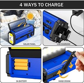 Resim Qoosea Solar Radyo Krank Radyosu AM/FM Taşınabilir Acil Durum Radyosu 5000mAh Şarj Edilebilir Pil, LED El Feneri, Okuma Işığı, SOS Alarmı ve Acil Durum için El Krank Dinamosu Ourdoor Kamp Seyahati (Mavi) 