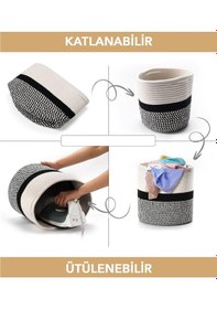 Resim Pamuk Halat Kulplu Çamaşır Sepeti - Çok Amaçlı Hasır Banyo Düzenleyici Jüt Kirli Sepeti Gri 