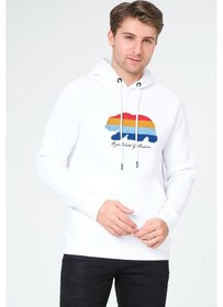 Resim Süzene Nakış Ayı Baskılı Kapüşonlu Beyaz Sweatshirt Polarlı Çok Renkli 