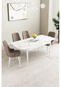 Resim Mabel Beyaz Mermer Desen 80x132 Açılabilir Mdf Masa Yemek Odası Takımı,mutfak Takımı 4 Adet Sandalye Cappuccino 