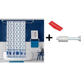Resim Zethome Banyo Perdesi Seti Mavi 110x200 Duş Perdesi , 90x130 Banyo Perde Borusu Beyaz Askı Aparatı Hediyeli 
