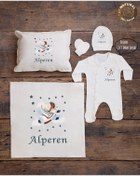 Resim yzc home size dair... E87 Bty Ekru Renk Isme Özel Isimli Baskılı Bebek Yastık Battaniye Tulum Şapka Eldiven Set 