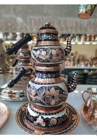 Resim İşlemeli Bakır Çaydanlık- Osmanlı Ocaklı Bakır Demlik Takımı Siyah 