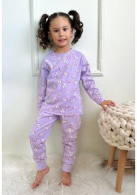 Resim Kız Çocuk Fitilli Kumaş Çiçek Desenli Pijama Takımı Esnek Kumaş Yeni Sezon Mor Renk Mor 