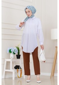 Resim Sevitli Göğüsü Taş Detaylı Oversize Tunik-beyaz-5229 Beyaz 
