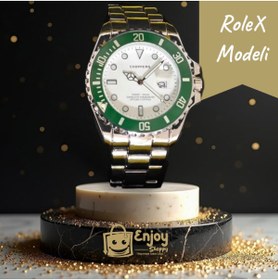 Resim Enjoy Erkek Kol Saati Çelik Kordon Rolex modeli gümüş yeşil çift renk takvimli 