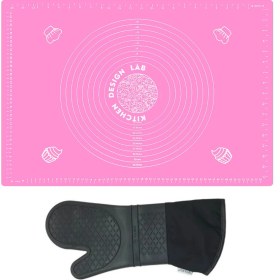 Resim Kitchen Design Lab 2'li Set Pembe 45X65 cm Silikon Hamur Açma Matı ve Gri Silikon Yanmaz Mutfak Fırın Eldiveni 