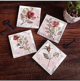 Resim Gül Çiçek Taş Bardak Altlığı Seti - 4 Parça - Dekoratif, Rustik Mutfak Aksesuarı, 10x10 cm, Kaydırmaz Tabanlı, Şık ve Dayanıklı SC235 