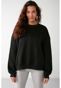 Resim Grimelange Vaneltına İçi Polarlı 3 İplik Organik Pamuk Oversize Basic Bisiklet Yaka Kadın Sweatshirt - Siyah 