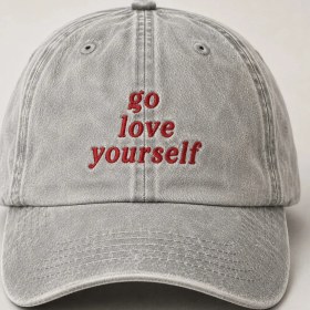 Resim "go Love Yourself" Ironik Söz Nakışlı Vintage Yıkamalı Beyzbol Şapkası 
