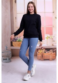 Resim Kadın Siyah Bisiklet Yaka Petek Kumaş Sweatshirt Slf1365 Siyah 