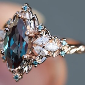 Resim Zarif Markiz Sentetik Kristal Nişan Yüzüğü Bakır 6-Çatal Seti Kadınlar için, Haziran Doğum Taşı Partisi ve Düğün Takısı, Gül Tonlu Yaprak Tasarımı, Sevgililer Günü için Özel Gün Hediyesi - Tüm Mevsimlere Uygun 