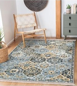 Resim RealHomes Mavi Zeminde Kilim Motifli Uşak Desenli Vintage Avangarde Oturma Odası Kaymaz Taban Saçaklı Halı HaliDik-Deluxe-11309, 150 x 150 