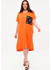 Resim Kadın Büyük Beden Örgü Cep Detaylı Turuncu Elbise Turuncu 