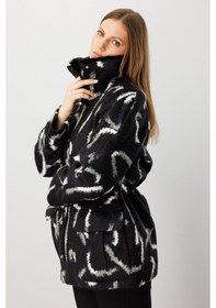 Resim Ekol Kadın Büyük Beden Kapak Cepli Desenli Kaban 6301 Siyah Siyah 