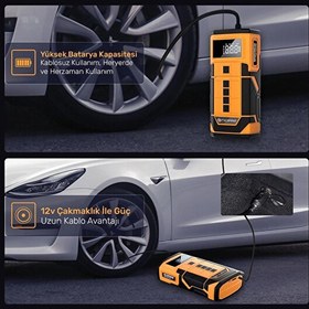 Resim NPO A5577 Kablolu/Kablosuz 8000mAh Şarjlı Taşınabilir Araç Akü Takviyeli Powerbank Destekli Oto Hava Pompası 