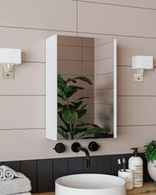 Resim RoomArt Banos Banyo Kulpsuz Tek Kapaklı Mat Beyaz 40 Cm Mini Aynalı Banyo Üst Dolabı Mat Beyaz 
