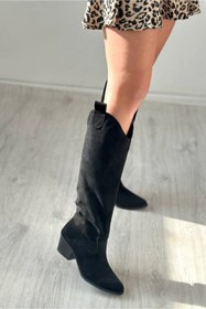 Resim Favi Ayakkabı Siyah Süet Dizaltı Fermuarsız Western Tarzı Günlük Kadın Çizme 