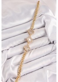 Resim Pirinç Zirkon Taşlı Yonca Model Gold Renk Kadın Bileklik - Tj-bb7545 Açık Mor 