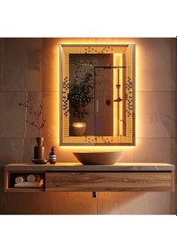 Resim Solrae Amber Led'li Lazer Kumlamalı Lavabo & Banyo Aynası Dokunmatik Sensörlü 65 X 90 Cm Turuncu 