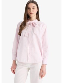 Resim DeFacto Relax Fit Fiyonk Yaka Çizgili Simli Kumaş Uzun Kollu Gömlek Tunik E7976AX25SMPN441 