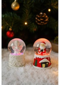 Resim Ev Dekoru Yeni Yıl Huzuru Işıklı Santa Melek Figürlü Ve Noel Baba Temalı Kar Küresi 2'li Seti 6.5 Cm Çok Renkli 