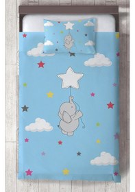 Resim Mekta Home Bebek Ve Çocuk Odası Seksekli Uçan Fil Desenli Mavi Yatak Örtüsü Renkli 