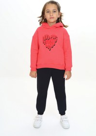 Resim Toontoy Kız Çocuk 2'li Takım Baskılı Kapüşonlu Sweatshirt & Beli Paçası Lastikli Jogger Eşofman Altı 
