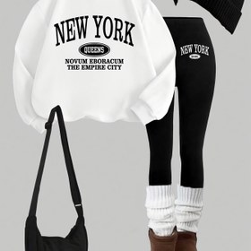 Resim 0907Gwen, 1 Takım Günlük Kadın Sweatshirt Takımı 2 adet, Harf Baskılı, Yuvarlak Yaka Uzun Kollu Sweatshirt, Uzun Tayt, Tek Başına veya Katmanlı Giyilebilir, Sonbahar için Uygundur ve 